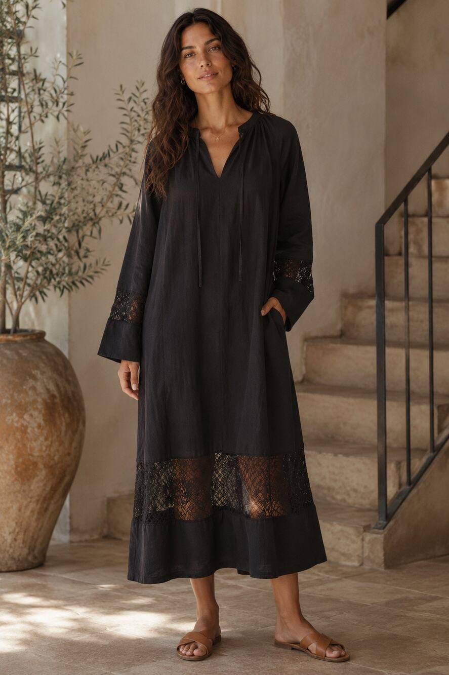 Samsoe Samsoe Sahell Black Midi Dress Lace Detail Capsule Minimalist Size XL